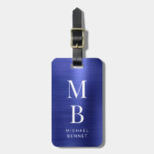 Elegant Monogrammed Navy Blue Brushed Metallic Bagagelabel (Voorkant verticaal)