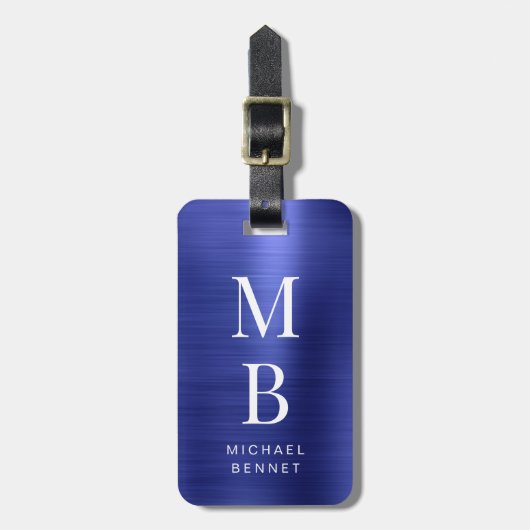 Elegant Monogrammed Navy Blue Brushed Metallic Bagagelabel (Voorkant verticaal)