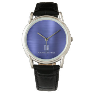 Elegant Monogrammed Navy Blue Brushed Metallic Horloge