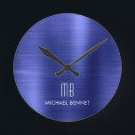 Elegant Monogrammed Navy Blue Brushed Metallic Ronde Klok<br><div class="desc">Gepersonaliseerde Elegant Monogrammed Navy Blue Brushed .</div>