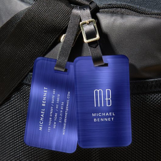 Elegant Monogrammed Navy Blue Metal Bagagelabel