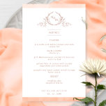 Elegant Monogrammed Peach Waterverf Wedding Menu<br><div class="desc">Welkom uw gasten bij hun tafel met dit elegante monogrammed trouwmenu, met voortreffelijke handgetekende bladmonogram met stellende initialen, en perzikgrens-strepen voor waterverf. Rug met prachtige waterverf was in een verscheidenheid aan perzik, crème, koraal en stoffige oranje tinten. Een deel van ons Collectie "Perzikkleurig Waterverf Botanical Monogram Wedding" met een verscheidenheid...</div>