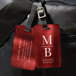 Elegant Monogrammed Red Brushed Metallic Bagagelabel