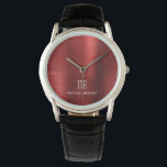 Elegant Monogrammed Red Brushed Metallic Horloge<br><div class="desc">Gepersonaliseerde Elegant Monogrammed Red,  geborsteld Metallic Watch.</div>