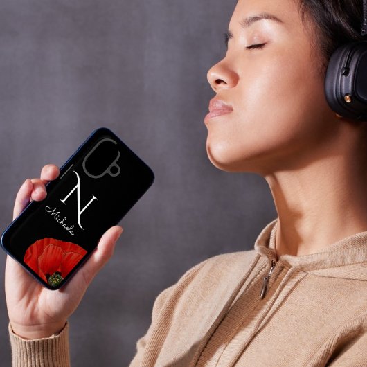 Elegant Monogrammed Red Poppy on Black Case-Mate iPhone Case