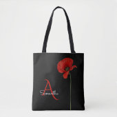 Elegant Monogrammed Red Poppy on Black Tote Bag (Voorkant)