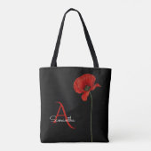 Elegant Monogrammed Red Poppy on Black Tote Bag (Achterkant)
