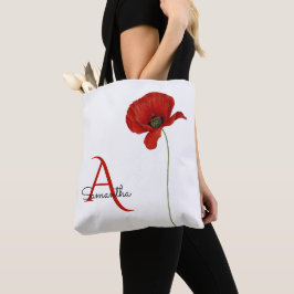 Elegant Monogrammed Red Poppy on White Tote Bag
