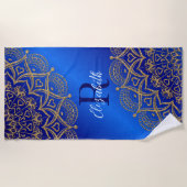 Elegant Monogrammed Royal Blue en Gold Mandala Strandlaken (Voorkant)