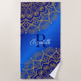 Elegant Monogrammed Royal Blue en Gold Mandala Strandlaken