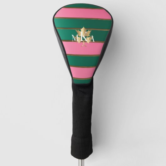 Elegant Monogrammed Roze en Groen Golfheadcover (Voorkant)