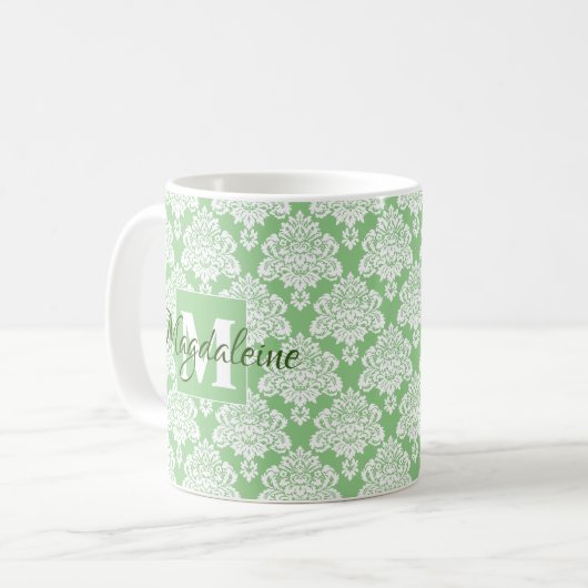 Elegant Monogrammed Sage Green & White Damask Koffiemok (Voorkant links)
