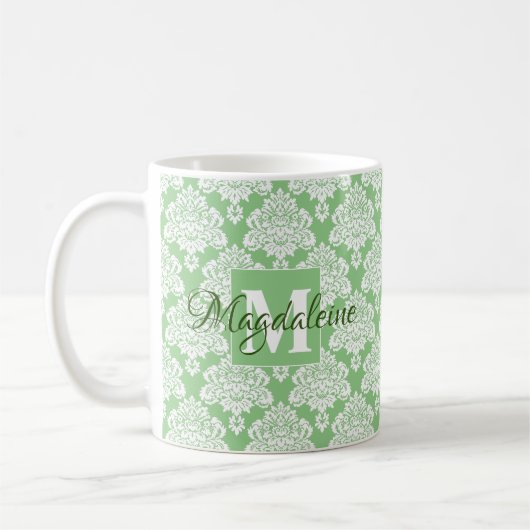 Elegant Monogrammed Sage Green & White Damask Koffiemok (Links)