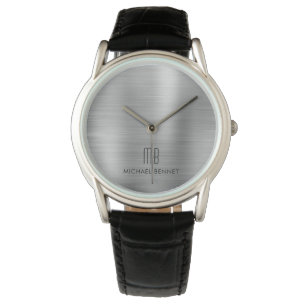 Elegant Monogrammed Silver Grey Borhed Metallic Horloge