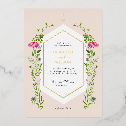 Elegant Monogrammed Waterverf Floral Wedding Foi Folie Uitnodiging (Voorkant)
