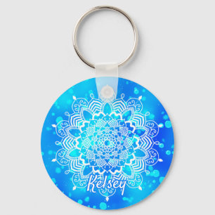 Elegant Monogrammed White & Blue Mandala Pattern Sleutelhanger