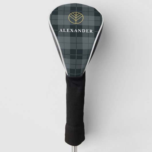 Elegant Monogrammen Black en Gold Tartan Golfheadcover (Voorkant)