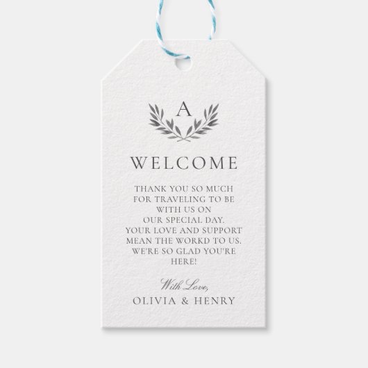 Elegant Monongram & Bladeren Grijs Bruiloft Welkom Cadeaulabel (Voorkant)