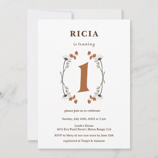 Elegant monster Wilde bloem 1e verjaardag Kaart (Voorkant)