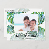 Elegant Monstera blad foto save the date Aankondigingskaart (Voorkant / Achterkant)