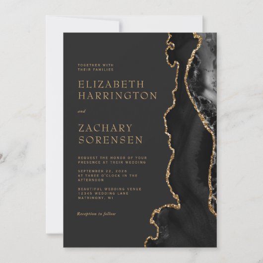 Elegant Moody Black Agate Gold Glitter Wedding Kaart (Voorkant)