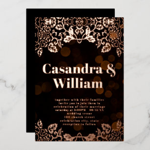 Elegant Moody Black Floral Gold Wedding Folie Uitnodiging