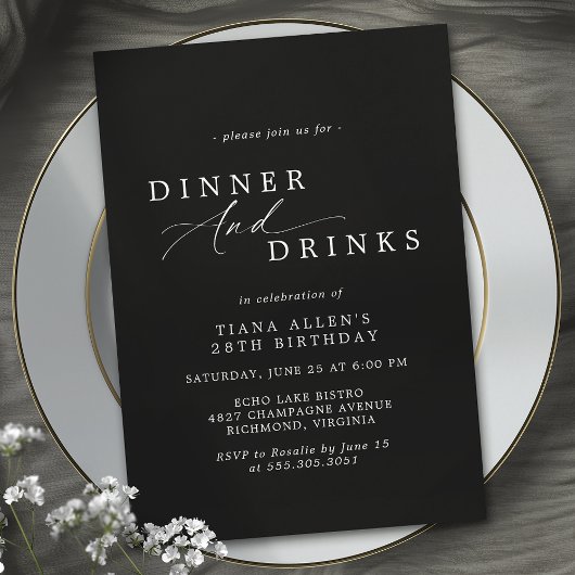 Elegant Moody Black | Officieel verjaardagsdiner Kaart