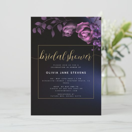 Elegant Moody Black Paarse Floral Vrijgezellenfees Kaart (Staand voorkant)