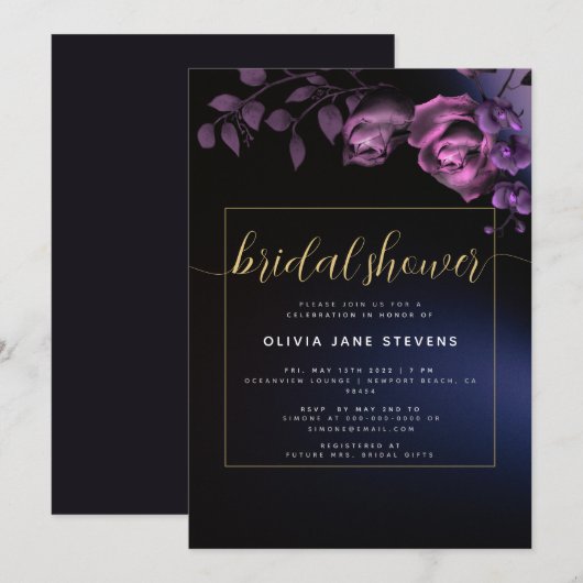 Elegant Moody Black Paarse Floral Vrijgezellenfees Kaart (Voorkant / Achterkant)