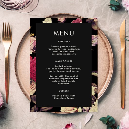 Elegant Moody Bloemen Bruiloft Menu