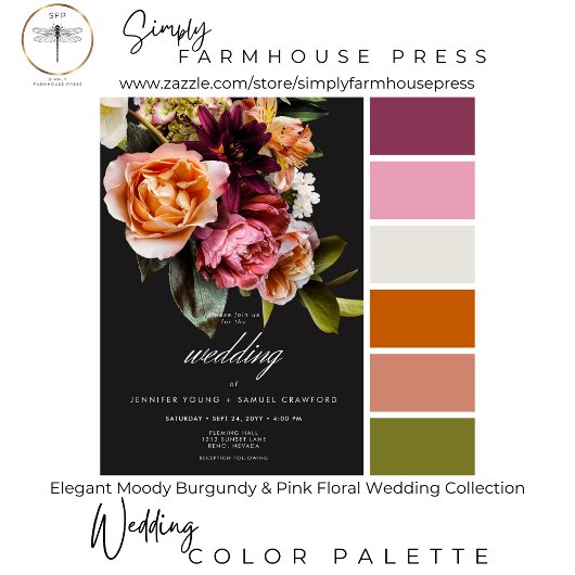 Elegant Moody Bourgondië & Roze Bloemen bruiloft Bedankkaart