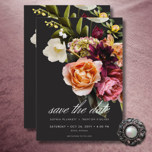 Elegant Moody Bourgondië & Roze Bloemen bruiloft Save The Date