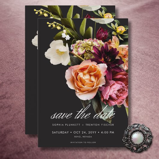 Elegant Moody Bourgondië & Roze Bloemen bruiloft Save The Date