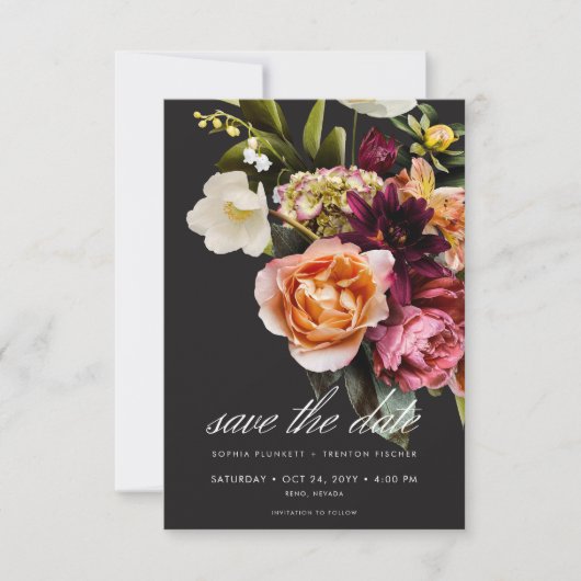 Elegant Moody Bourgondië & Roze Bloemen bruiloft Save The Date (Voorkant)
