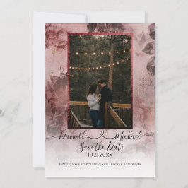 Elegant Moody Burgundy Floral Script Heart Foto Save The Date