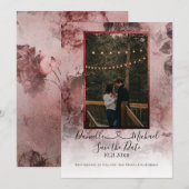 Elegant Moody Burgundy Floral Script Heart Foto Save The Date (Voorkant / Achterkant)