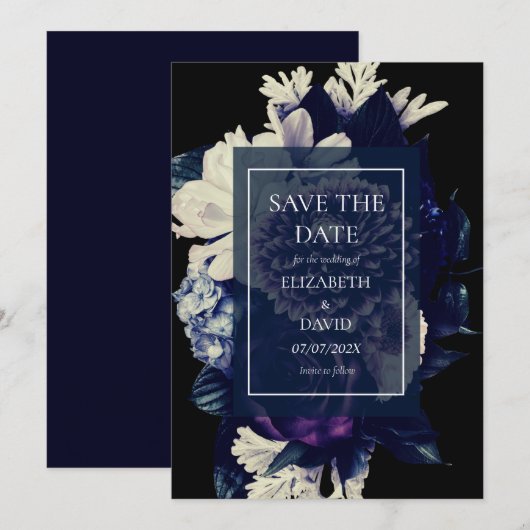 Elegant Moody Dark Floral Wedding Save The Date (Voorkant / Achterkant)