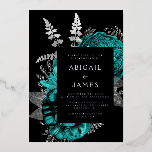Elegant Moody Donker Bloemen Blauwgroen Zilveren B Folie Uitnodiging (Voorkant)