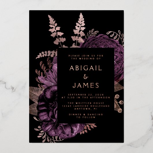Elegant Moody Donker Bloemen Paarse Roos Gouden Br Folie Uitnodiging (Voorkant)