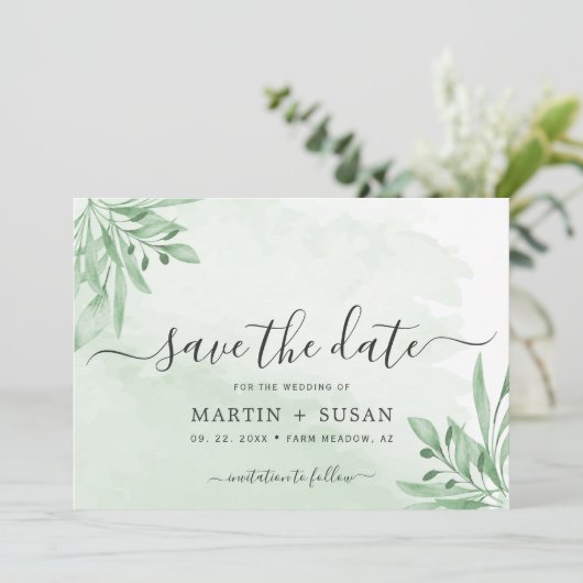 Elegant Moody Eucalyptus Leaves Greenery Wedding Save The Date (Staand voorkant)