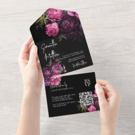 Elegant Moody Florals Zwart Bruiloft QR Code All In One Uitnodiging