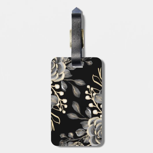 Elegant Moody Grey Bloemen Goud Zwart Waterverf Bagagelabel (Achterkant verticaal)