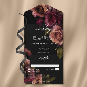 Elegant Moody Muted Roest Bourgondië Bloemen Geen  All In One Uitnodiging