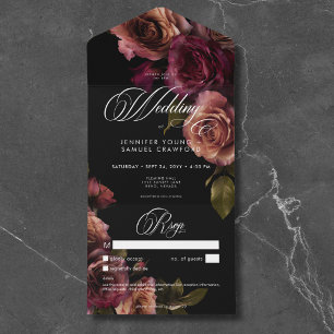 Elegant Moody Muted Roest Bourgondië Bloemen Geen  All In One Uitnodiging