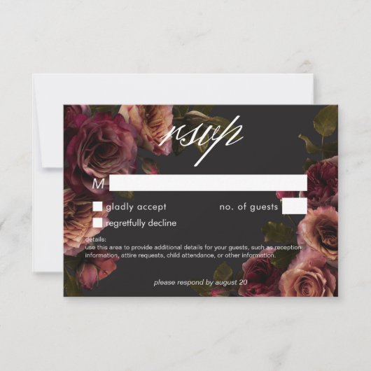 Elegant Moody Muted Roest Bourgondië Bloemen Geen  RSVP Kaartje (Voorkant)