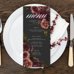 Elegant Moody Muted Rust & Bourgondië Bloemen brui Menu<br><div class="desc">Omarm tijdloze elegantie voor uw gothic-geïnspireerde viering met ons boeiende lange huwelijksmenu. Een zachte zwarte achtergrond zorgt voor het perfecte canvas voor een boeiend, maar ingetogen boeket. Stel je een hoekopstelling van gedempt roos voor, waar zachte roest blos en rijke bordeauxrode tinten zich vermengen met donkergroen blad. Dit etherische ontwerp...</div>