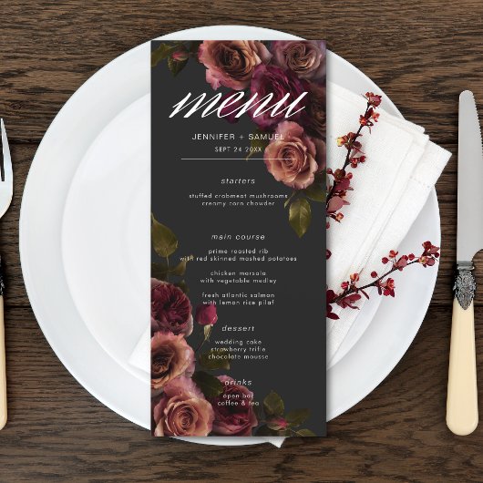 Elegant Moody Muted Rust & Bourgondië Bloemen brui Menu