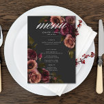 Elegant Moody Muted Rust & Bourgondië Bloemen brui Menu<br><div class="desc">Omarm tijdloze elegantie voor uw gothic-geïnspireerde viering met onze boeiende kleine kaart bruiloft menu. Een zachte zwarte achtergrond zorgt voor het perfecte canvas voor een boeiend, maar ingetogen boeket. Stel je een hoekopstelling van gedempt roos voor, waar zachte roest blos en rijke bordeauxrode tinten zich vermengen met donkergroen blad. Dit...</div>