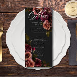 Elegant Moody Muted Rust & Bourgondië Bloemen brui Menu<br><div class="desc">Omarm tijdloze elegantie voor uw gotische geïnspireerde feest met onze boeiende lange bruiloft menu. Een zachte zwarte achtergrond biedt het perfecte canvas voor een boeiend, maar ingetogen boeket. Stel je een hoekopstelling voor van gedempte rozen bloemen, waar zacht roest blush en rijke bordeauxrode tinten zich mengen met donkergroen gebladerte. Dit...</div>
