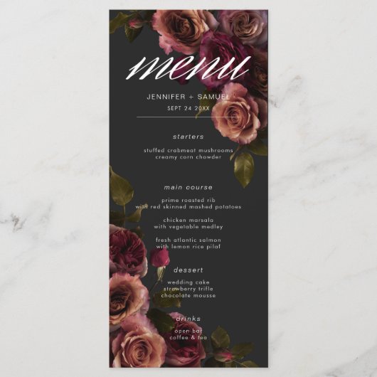 Elegant Moody Muted Rust & Bourgondië Bloemen brui Menu (Voorkant)